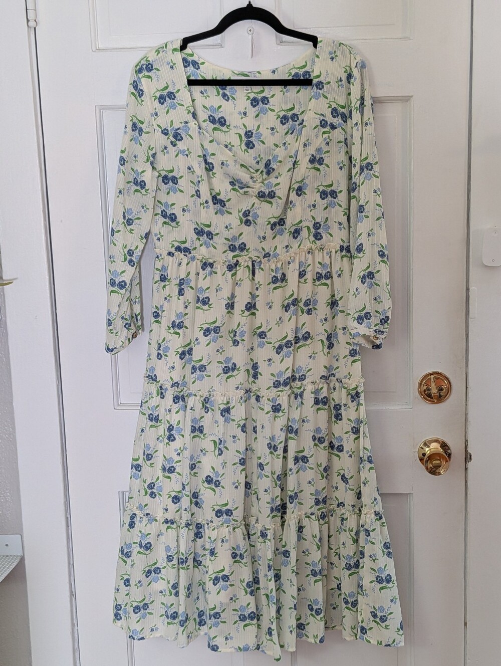 Sweet Baby Jamie Blue Floral Tiered Midi Dress Cottagecore Prairie Size L - Picture 2 of 5